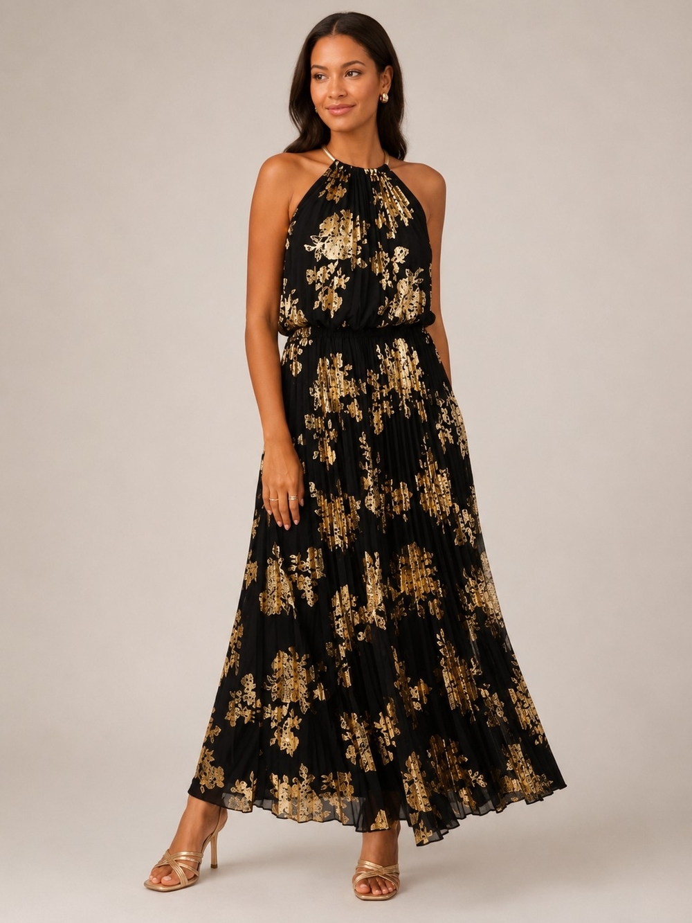 MSK Black Maxi Dress Gold Floral Foil Accents Metallic-Print Pleated Blouson